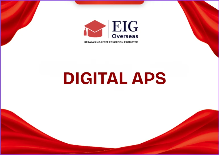 Blogs 2 EIG Overseas promotional graphic offering guidance on German study in Kerala, featuring services for Digital APS. The image displays a clean white central field framed by striking red satin drapes at the top and bottom.